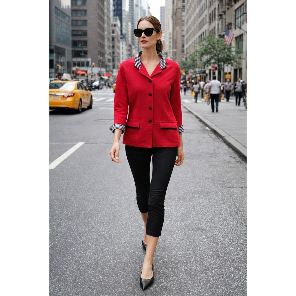 VTG 90's Retro Blast Red Blazer Houndstooth Collar Cuffs Bold Black Buttons Sz L